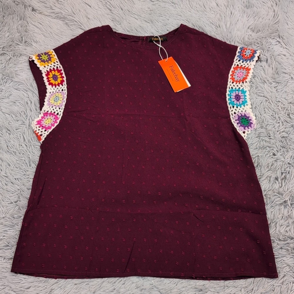 Falechay Shirt Womens L Top Crochet Sleeve Comfort Button Back Casual New